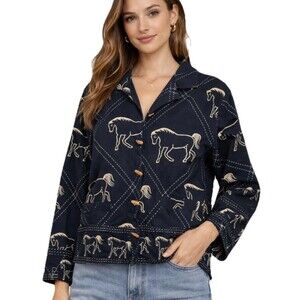 New Identity Horse Print Jacket Womens M Black Button Front Western Rare